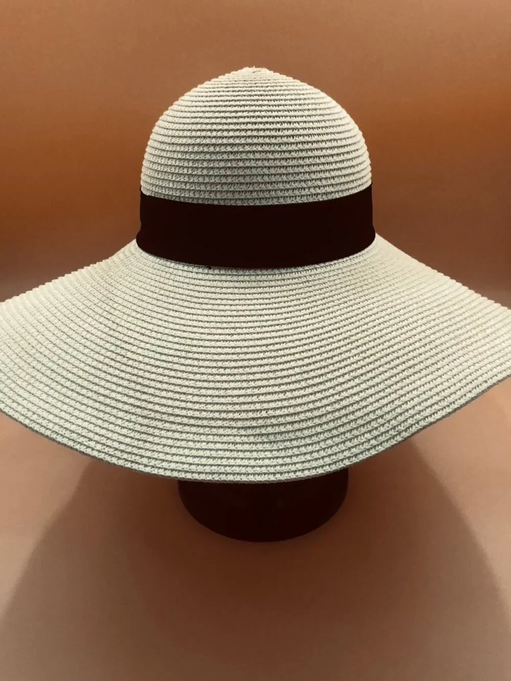 Vintage Straw Sun Hat w/ Black Ribbon – Wide Brim Cloche Style Neutral Beige
